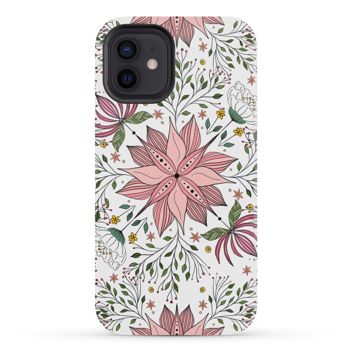 iPhone 12 mini StrongFit Cute Vintage Pink Floral Doodles Tile Art by InovArts