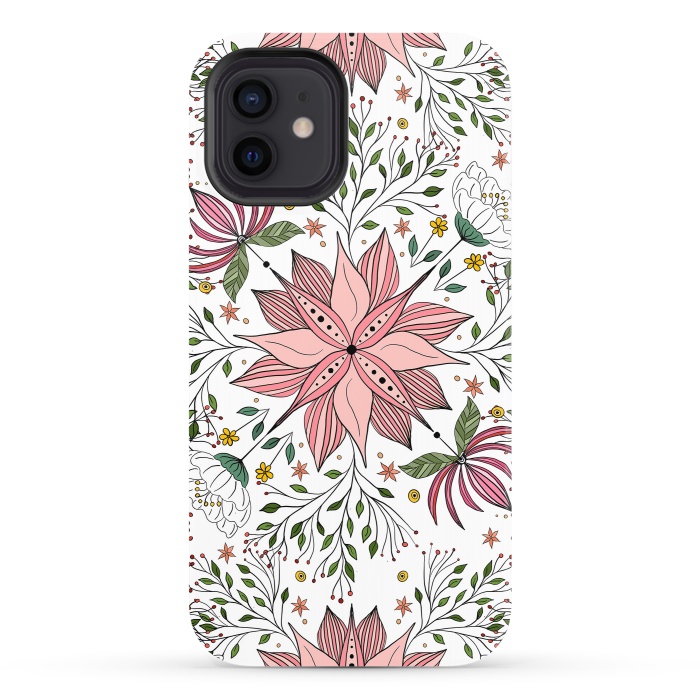 iPhone 12 StrongFit Cute Vintage Pink Floral Doodles Tile Art by InovArts