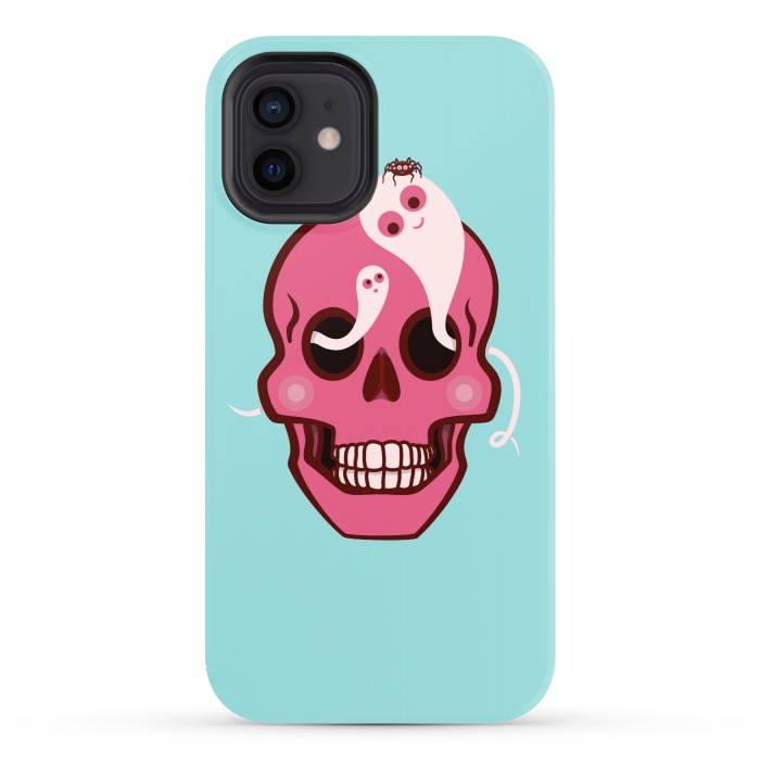 iPhone 12 StrongFit Cute Pink Skull With Spider And Ghosts In Eyes by Boriana Giormova