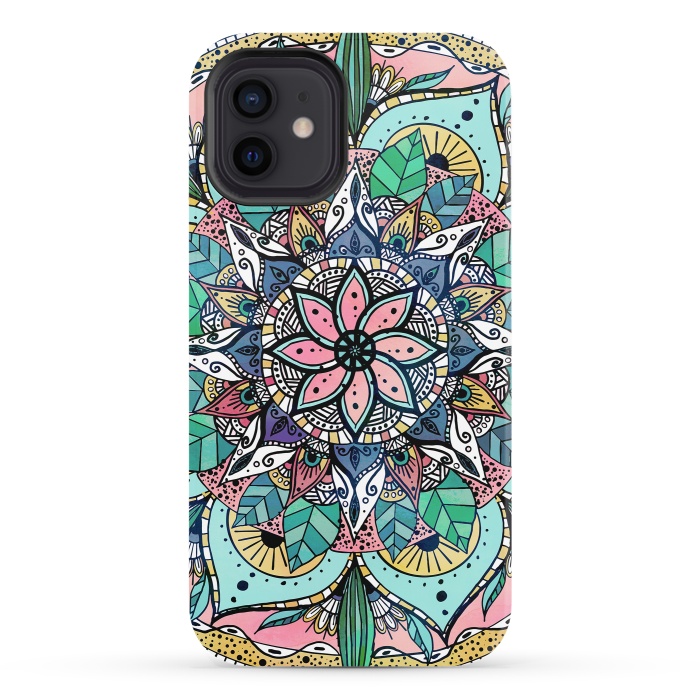 iPhone 12 StrongFit Bohemian Colorful Watercolor Floral Mandala by InovArts