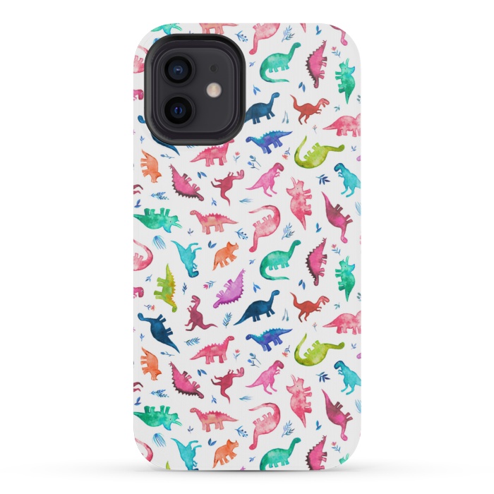 iPhone 12 mini StrongFit Tiny Ditsy Watercolor Dinosaurs in Rainbow Colors by Micklyn Le Feuvre