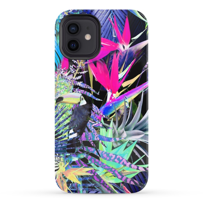iPhone 12 StrongFit Colorful neon toucan and strelitzia jungle pattern by Oana 