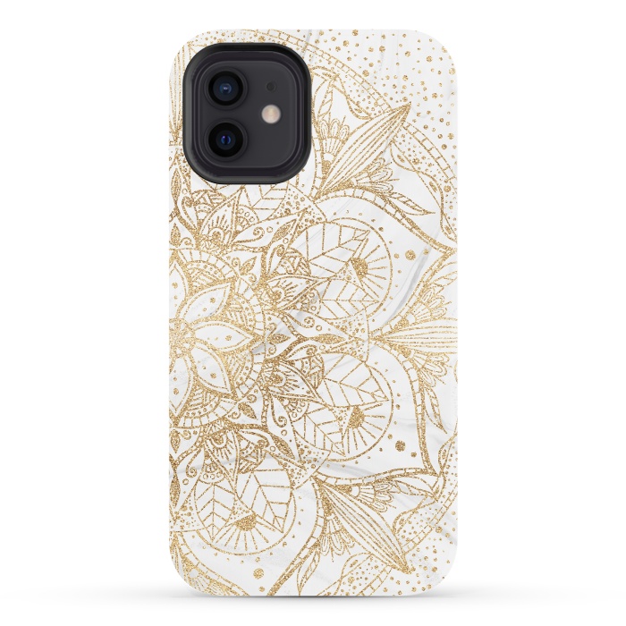 iPhone 12 StrongFit Trendy Gold Floral Mandala Marble Design by InovArts
