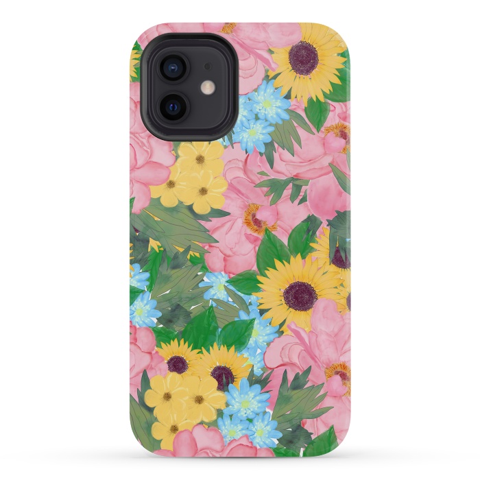 iPhone 12 mini StrongFit Trendy Pink Peonies Yellow Sunflowers Watercolor paint by InovArts