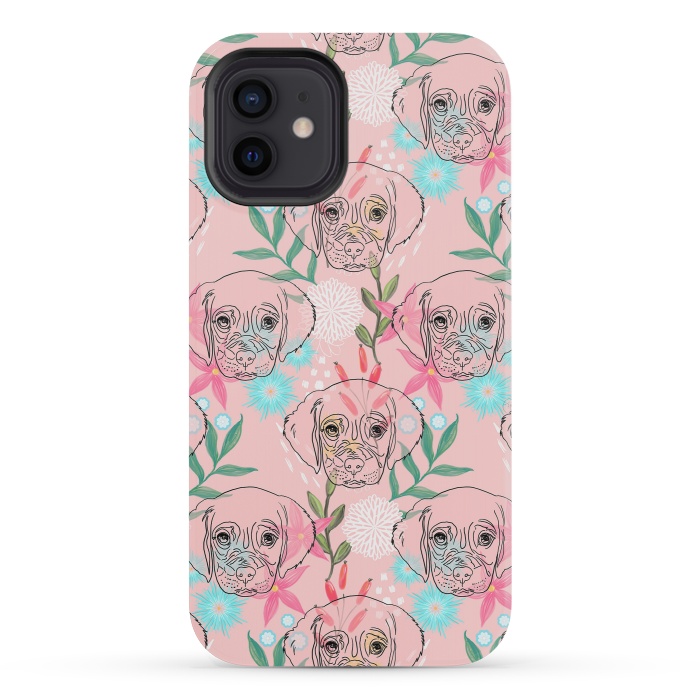 iPhone 12 mini StrongFit Cute Puppy Dog and Flowers Pink Creative Art by InovArts