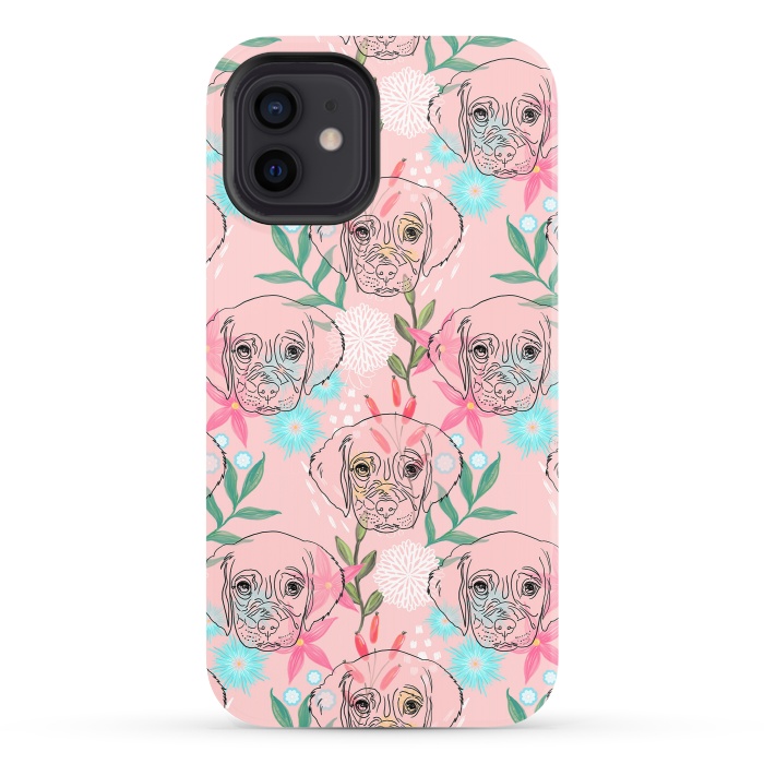iPhone 12 StrongFit Cute Puppy Dog and Flowers Pink Creative Art by InovArts