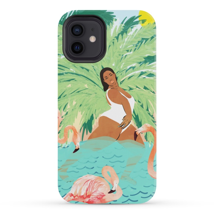 iPhone 12 mini StrongFit Tropical Summer Water Yoga with Palm & Flamingos | Woman of Color Black Woman Body Positivity by Uma Prabhakar Gokhale