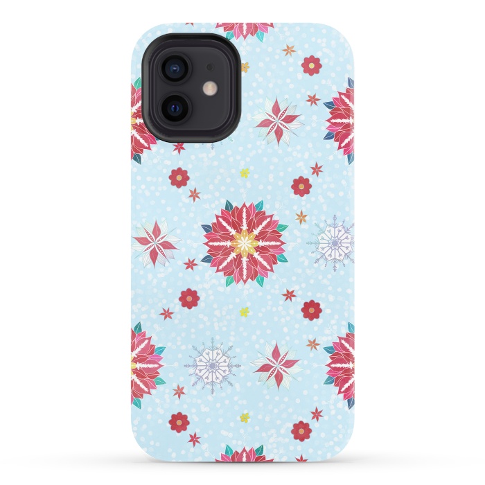 iPhone 12 StrongFit Trendy Winter Red Poinsettias White Snowflakes Pattern by InovArts