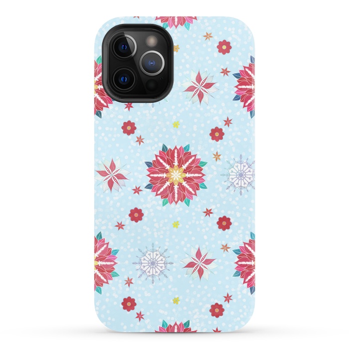 iPhone 12 Pro StrongFit Trendy Winter Red Poinsettias White Snowflakes Pattern by InovArts