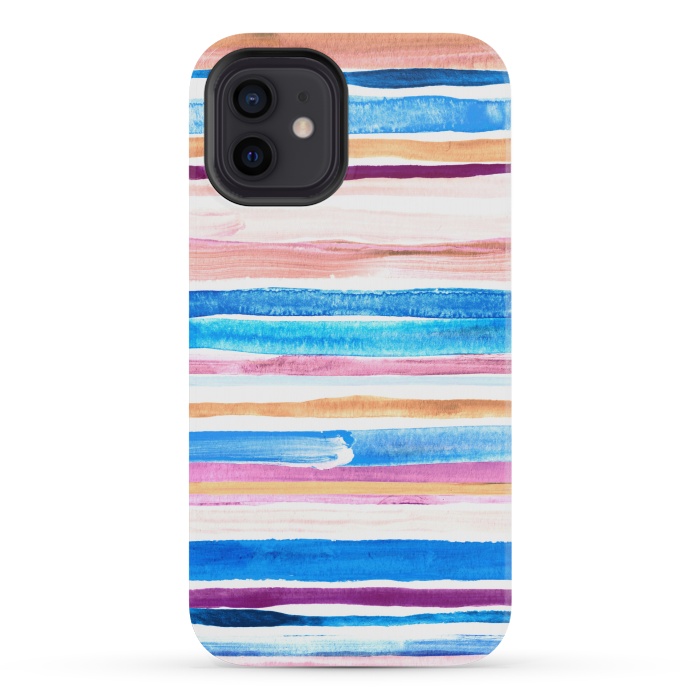 iPhone 12 mini StrongFit Pastel Pink, Plum and Cobalt Blue Gouache Stripes by Micklyn Le Feuvre