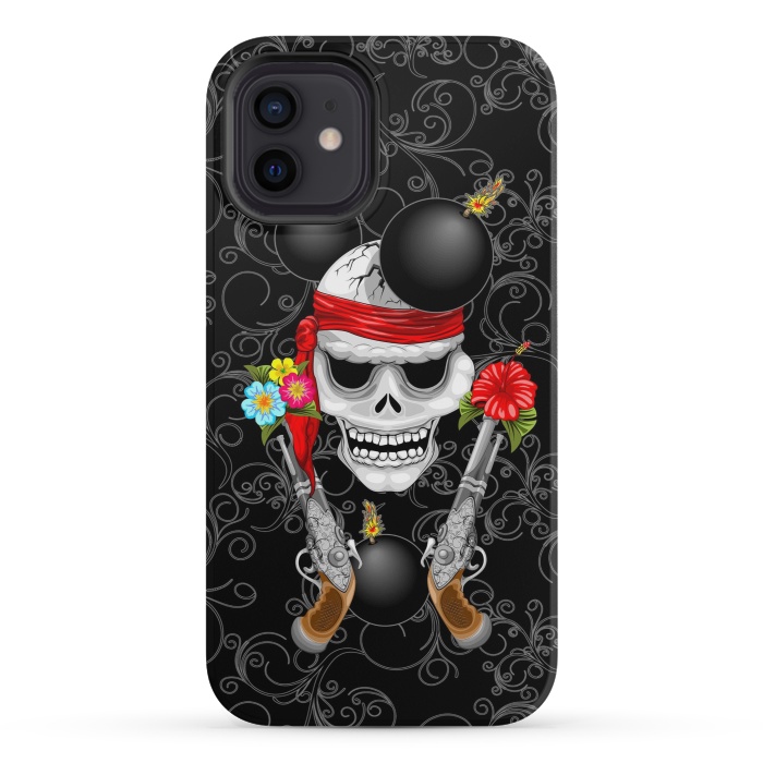 iPhone 12 mini StrongFit Pirate Skull, Ancient Guns, Flowers and Cannonballs by BluedarkArt