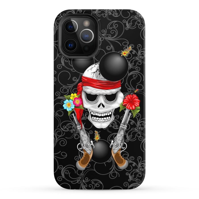 iPhone 12 Pro StrongFit Pirate Skull, Ancient Guns, Flowers and Cannonballs by BluedarkArt