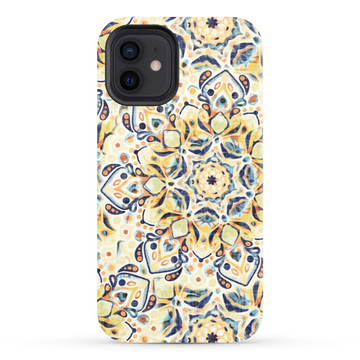 iPhone 12 StrongFit Stained Glass Mandala - Mustard Yellow & Navy  by Tigatiga