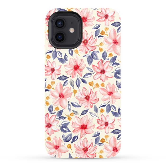 iPhone 12 StrongFit Navy, Gold & Pink Watercolor Floral - Cream  by Tigatiga