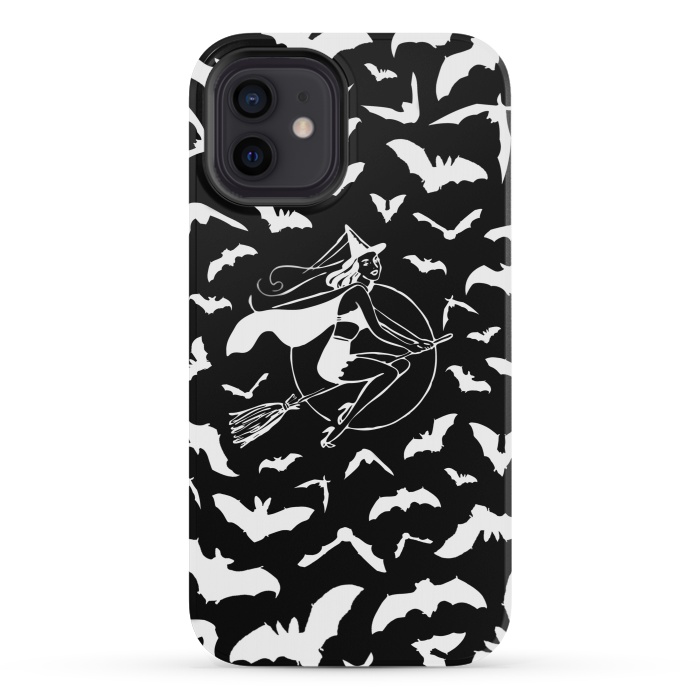 iPhone 12 mini StrongFit Pin-up witch and flying bats pattern by Oana 