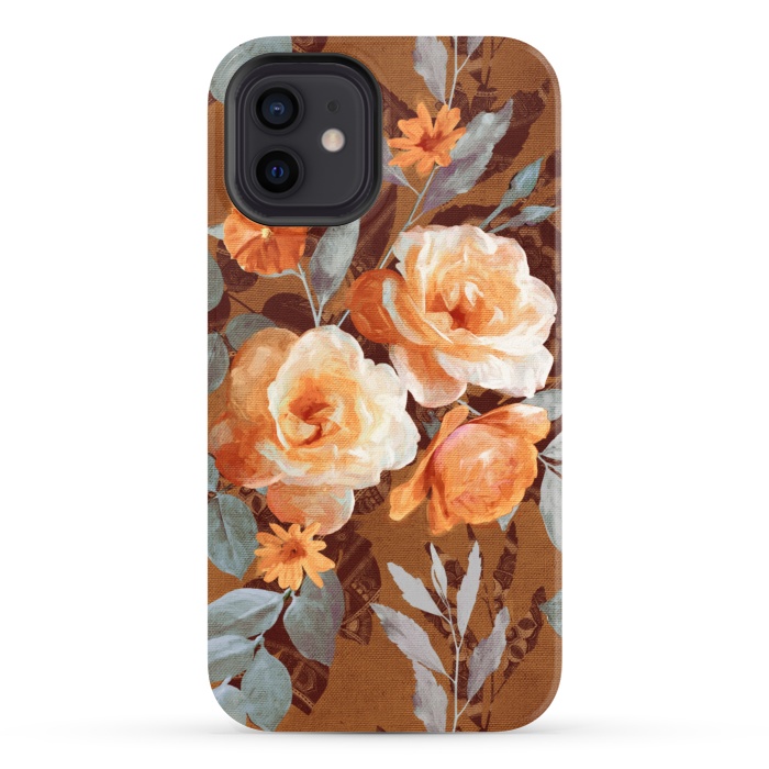 iPhone 12 StrongFit Chintz Roses on Rust Brown by Micklyn Le Feuvre