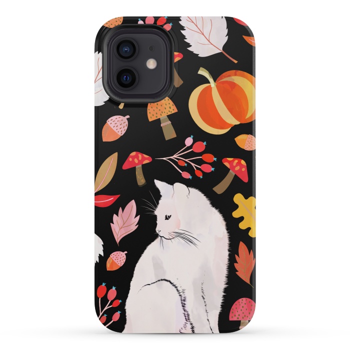 iPhone 12 mini StrongFit Autumn nature pattern with white cat by Oana 