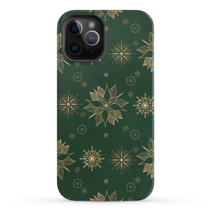 iPhone 12 Pro StrongFit Elegant Gold Green Poinsettias Snowflakes Winter Design by InovArts