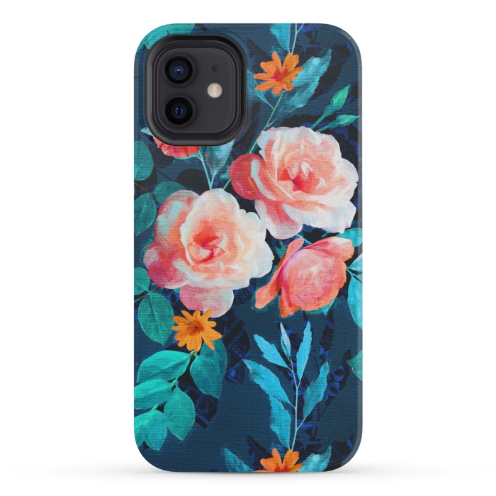 iPhone 12 mini StrongFit Retro Rose Chintz in Bright Coral and Peach on Indigo Blue by Micklyn Le Feuvre