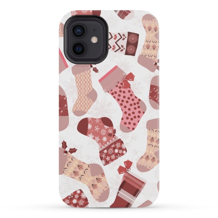 iPhone 12 mini StrongFit Christmas Stockings in Pink and Beige by Paula Ohreen