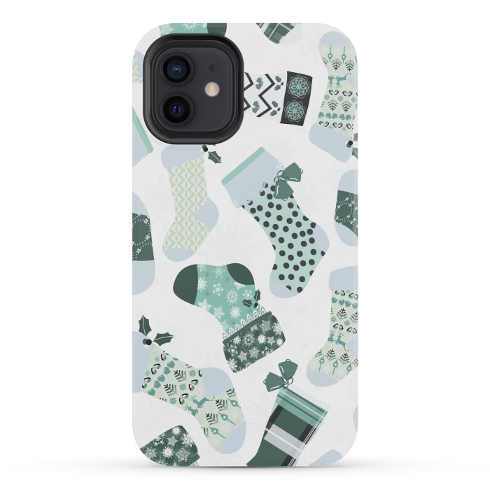 iPhone 12 mini StrongFit Christmas Stockings in Green and White by Paula Ohreen