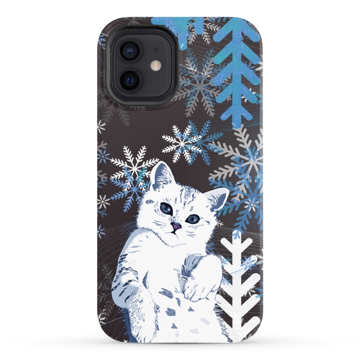 iPhone 12 StrongFit Cute kitty with blue metallic snowflakes by Oana 