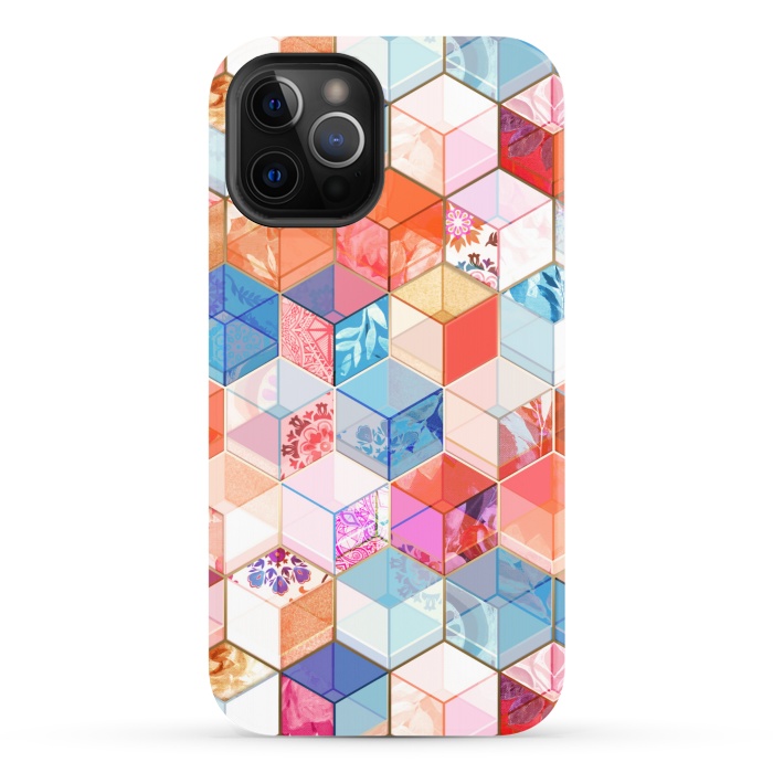 iPhone 12 Pro StrongFit Coral, Cream and Cobalt Kaleidoscope Cubes by Micklyn Le Feuvre