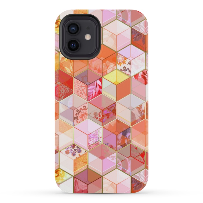 iPhone 12 mini StrongFit Gold and Garnet Kaleidoscope Cubes by Micklyn Le Feuvre