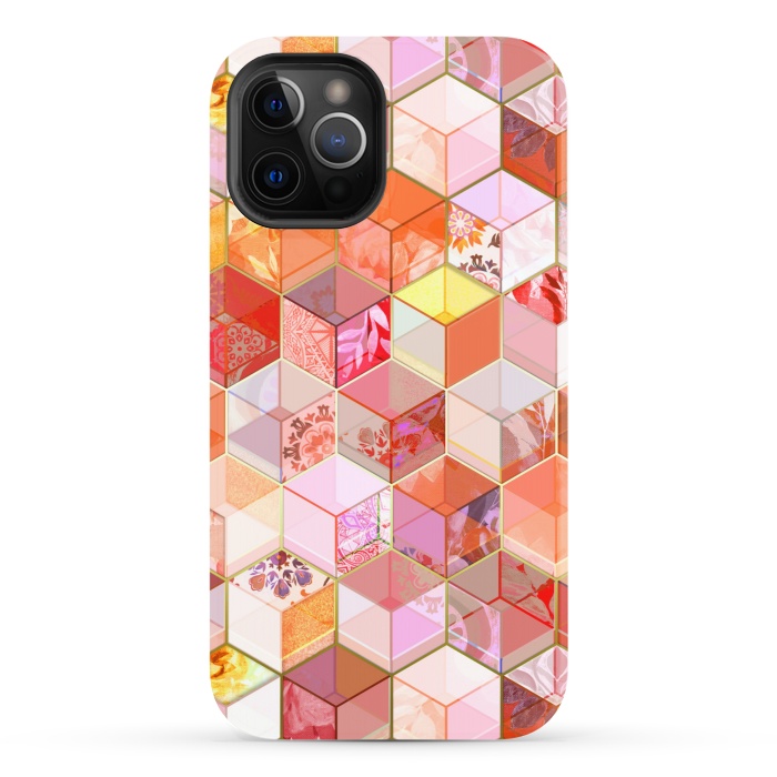 iPhone 12 Pro StrongFit Gold and Garnet Kaleidoscope Cubes by Micklyn Le Feuvre