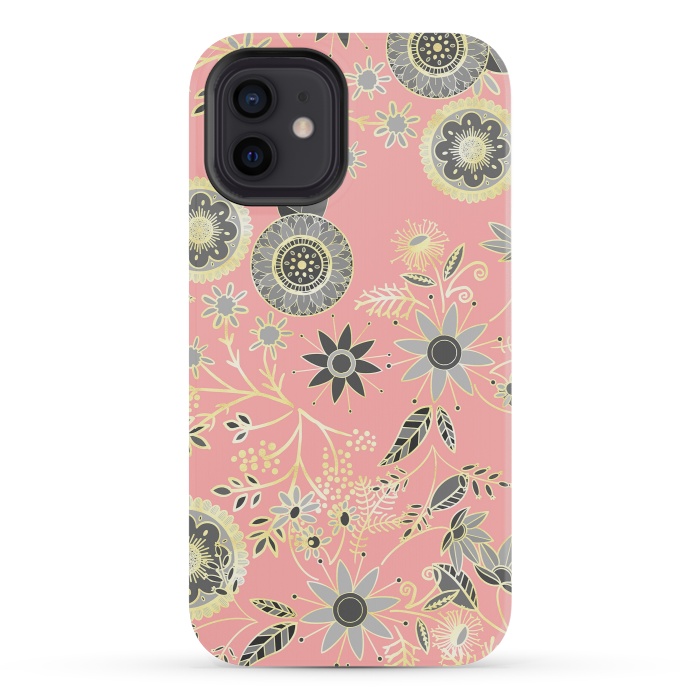 iPhone 12 mini StrongFit Elegant Gray and Pink Folk Floral Golden Design by InovArts