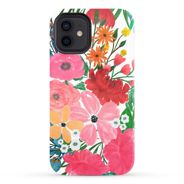 iPhone 12 StrongFit Trendy Pink watercolor Floral Bouquet White Design by InovArts