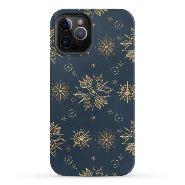 iPhone 12 Pro StrongFit Elegant Gold Blue Poinsettias Snowflakes Pattern by InovArts
