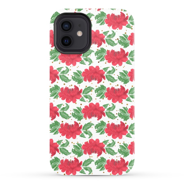 iPhone 12 StrongFit Watercolor Winter Red Flowers Gold Dots Artwork by InovArts
