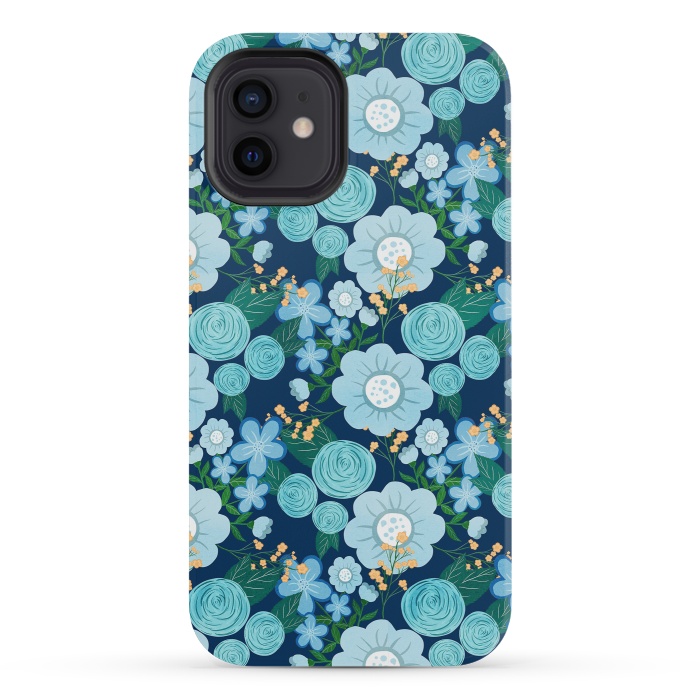 iPhone 12 mini StrongFit Cute Girly Blue Hand Drawn Flowers Pattern by InovArts