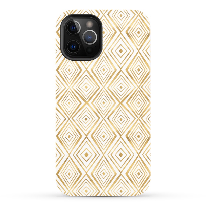 iPhone 12 Pro StrongFit Stylish Gold Diamond Shapes Doodles White Pattern by InovArts
