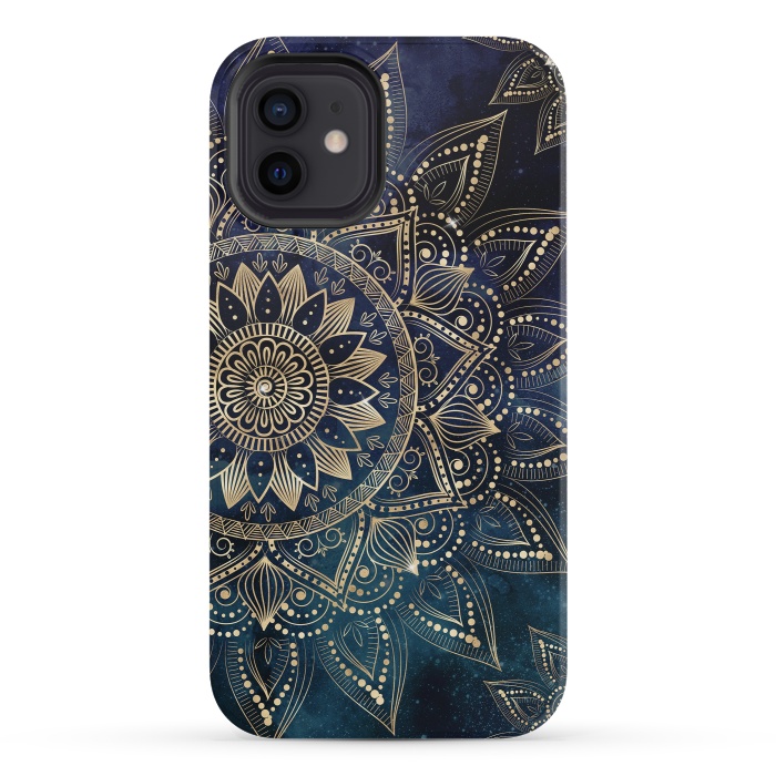 iPhone 12 mini StrongFit Elegant Gold Mandala Blue Galaxy Design by InovArts