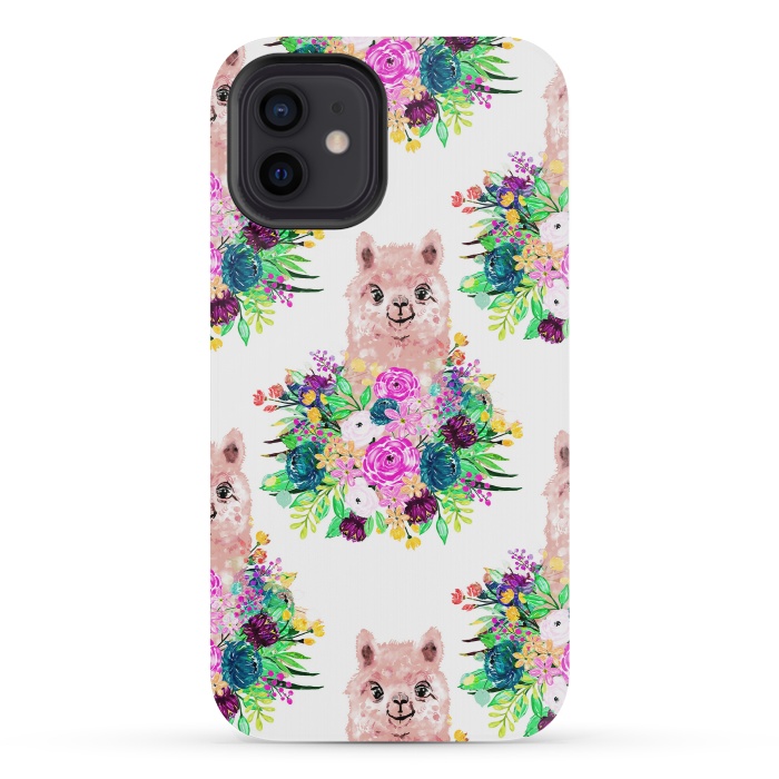 iPhone 12 mini StrongFit Cute Pink Alpaca and Flowers Watercolor paint by InovArts