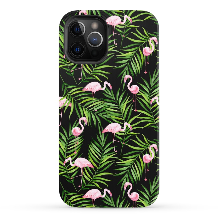 iPhone 12 Pro StrongFit Pink flamingo ang palm leaves by Julia Badeeva