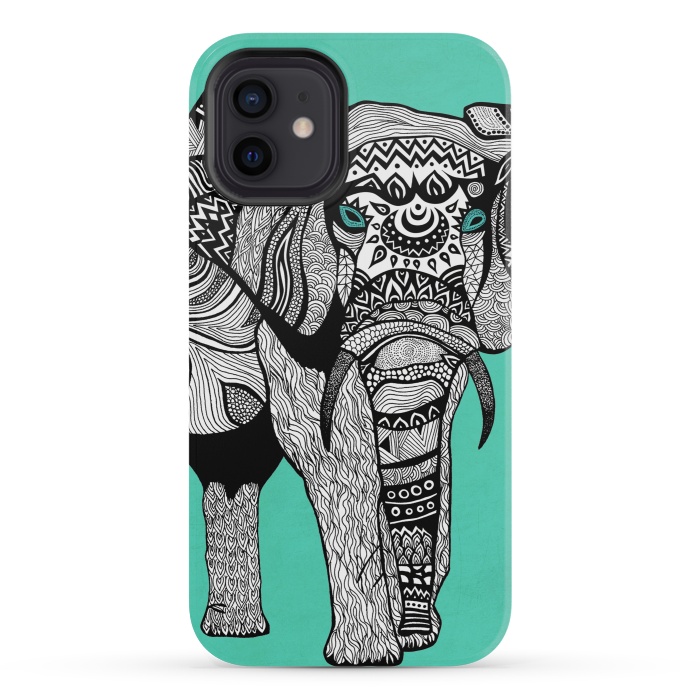 iPhone 12 mini StrongFit Turquoise Elephant by Pom Graphic Design
