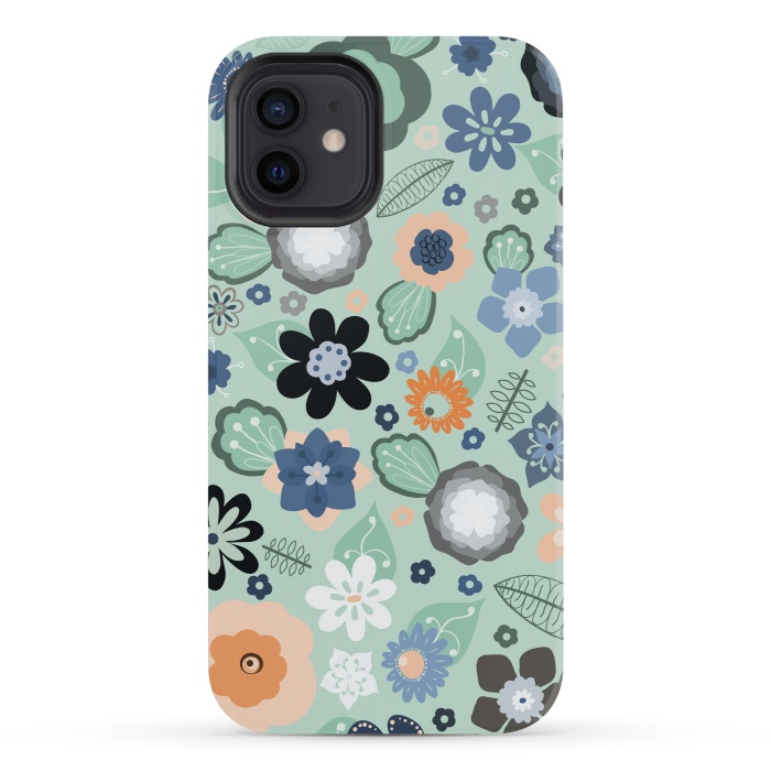iPhone 12 mini StrongFit Kitsch 70s Flowers in Light Blue by Paula Ohreen
