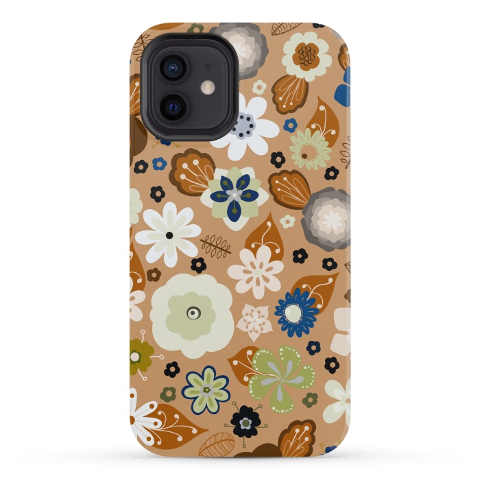 iPhone 12 mini StrongFit Kitsch 70s Flowers in Classic Blue and Brown by Paula Ohreen