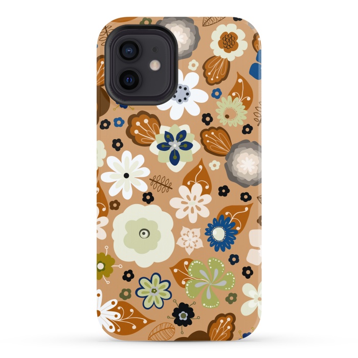 iPhone 12 StrongFit Kitsch 70s Flowers in Classic Blue and Brown by Paula Ohreen