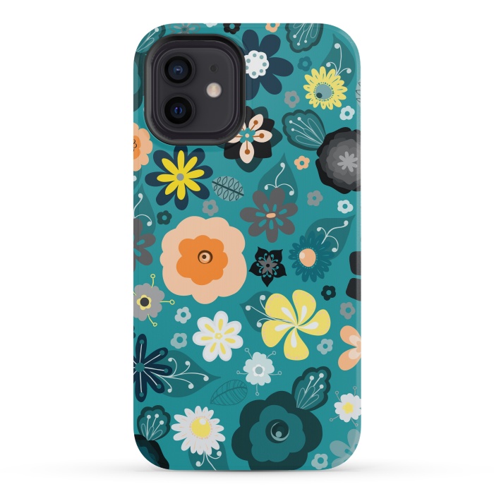 iPhone 12 mini StrongFit Kitsch 70s Flowers in Classic Blue and Yellow by Paula Ohreen