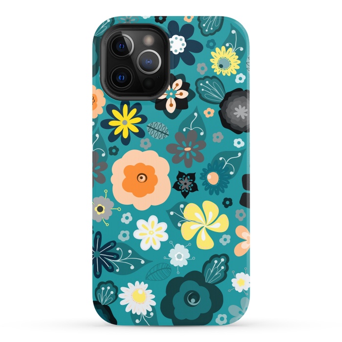 iPhone 12 Pro StrongFit Kitsch 70s Flowers in Classic Blue and Yellow by Paula Ohreen