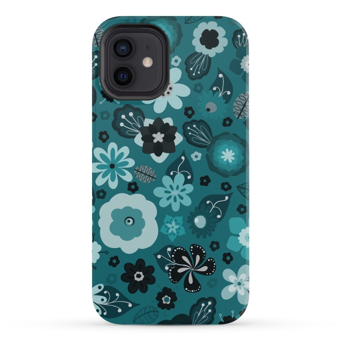 iPhone 12 mini StrongFit Kitsch 70s Flowers in Monochrome Classic Blue by Paula Ohreen