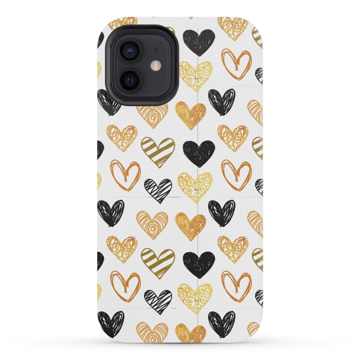 iPhone 12 mini StrongFit BLACK GOLDEN HEARTS PATTERN by MALLIKA