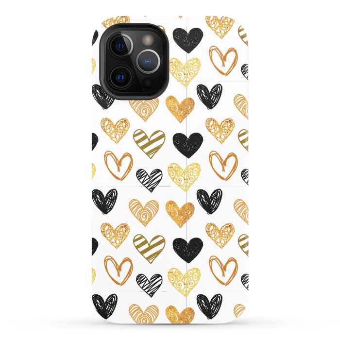 iPhone 12 Pro StrongFit BLACK GOLDEN HEARTS PATTERN by MALLIKA
