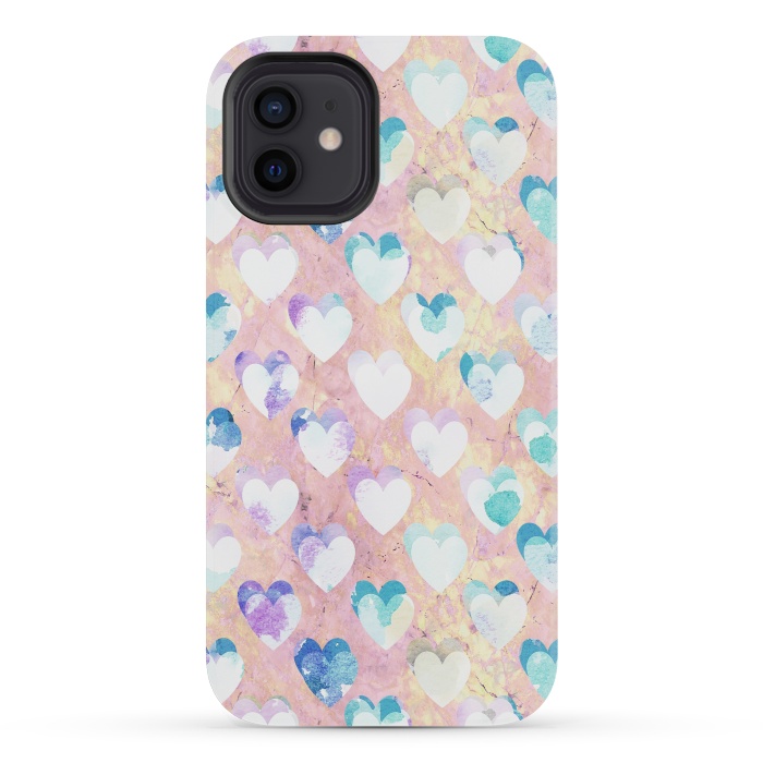 iPhone 12 mini StrongFit Pastel painted hearts on pink marble Valentine by Oana 