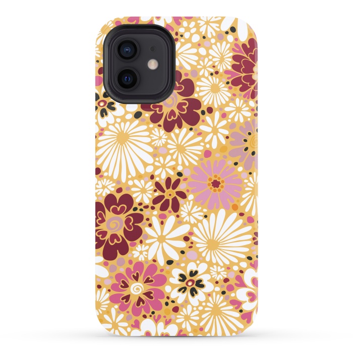 iPhone 12 StrongFit 70s Valentine Flowers in Pink, Cream and Yellow by Paula Ohreen