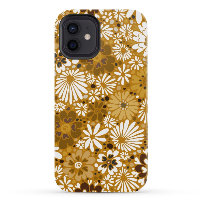 iPhone 12 mini StrongFit 70s Valentine Flowers in Mustard and White by Paula Ohreen